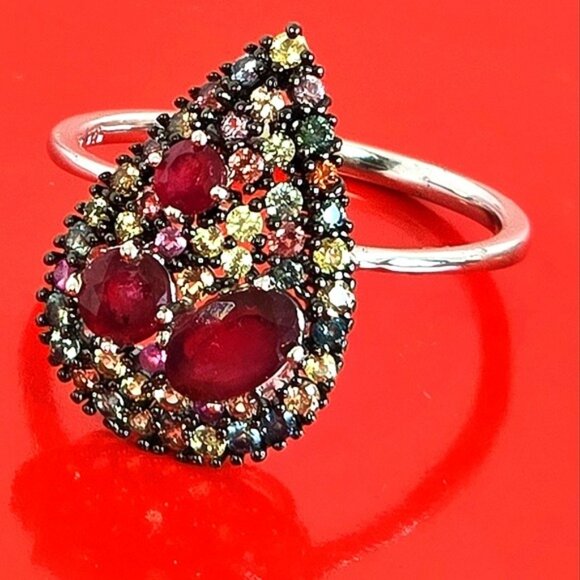 925 Sterling Silver Ring with Natural Ruby & Sapphire Gemstone - Picture 2 of 10